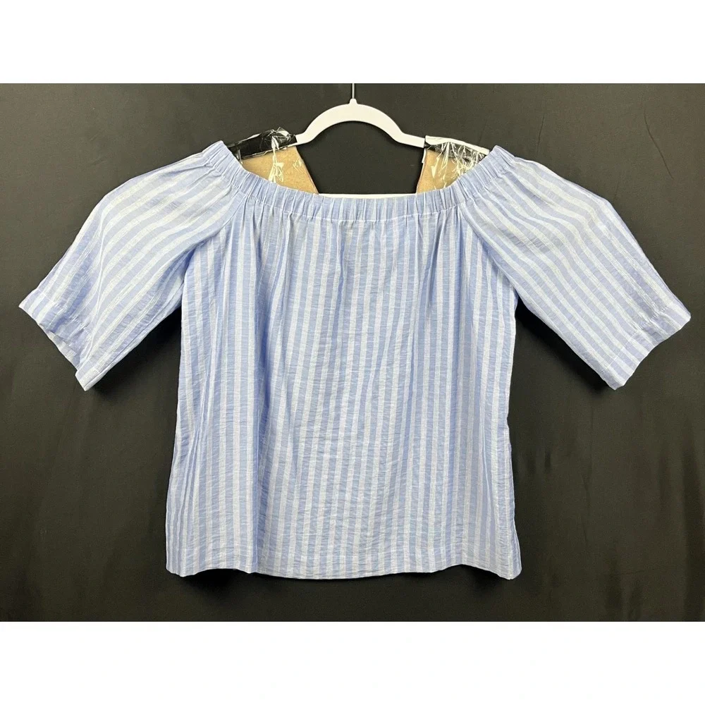 Ann Taylor Petite SP Blue White Striped Off The Shoulder Bardot Blouse Viscose - Picture 8 of 9